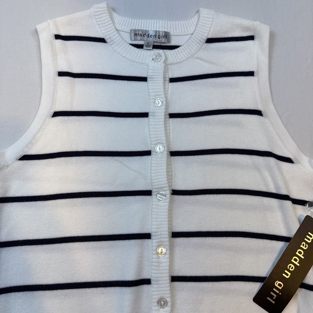 NWT MADDEN GIRL White NAVY STRIPE Cotton Knit Button-Up Vest Size Large